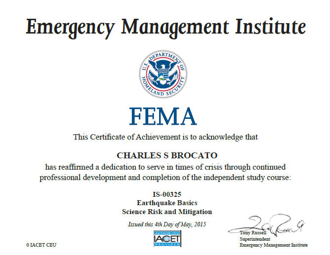 Another Certificate Dr. B Just Acquired, Earthquake Basics Science Risk and Mitigation!
